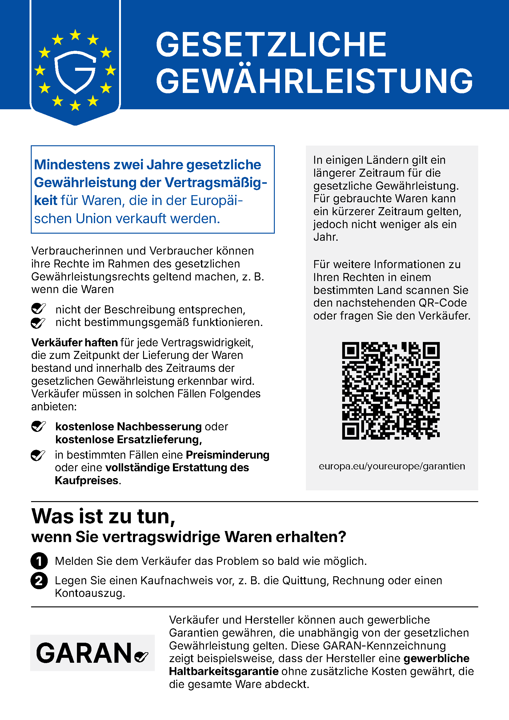 EU-Gewährleistungslabel: Mindestens zweijährige gesetzliche Gewährleistung für in der EU verkaufte Waren